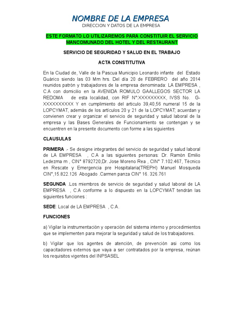 Acta Constitutiva de Seguridad Laboral | PDF | Business | Salud y bienestar