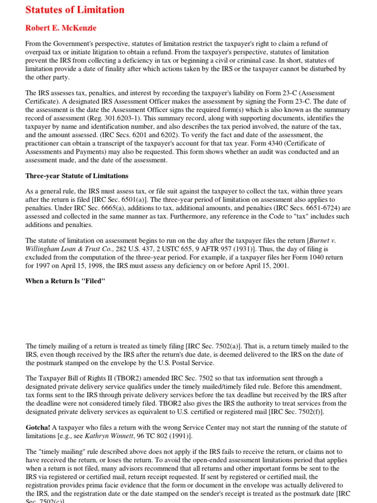 Statutes of Limitations Internal Revenue Service Tax Return (United