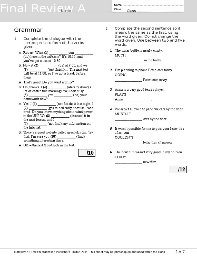 Gateway A2 Final Review Test A | PDF