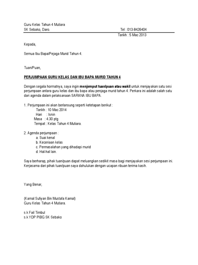 Surat Jemputan Perjumpaan Ibu Bapa Pdf