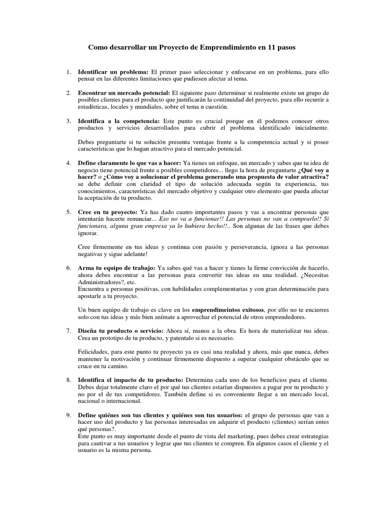 11 Pasos para un Proyecto de Emprendimiento | PDF | Producto (Negocio ...