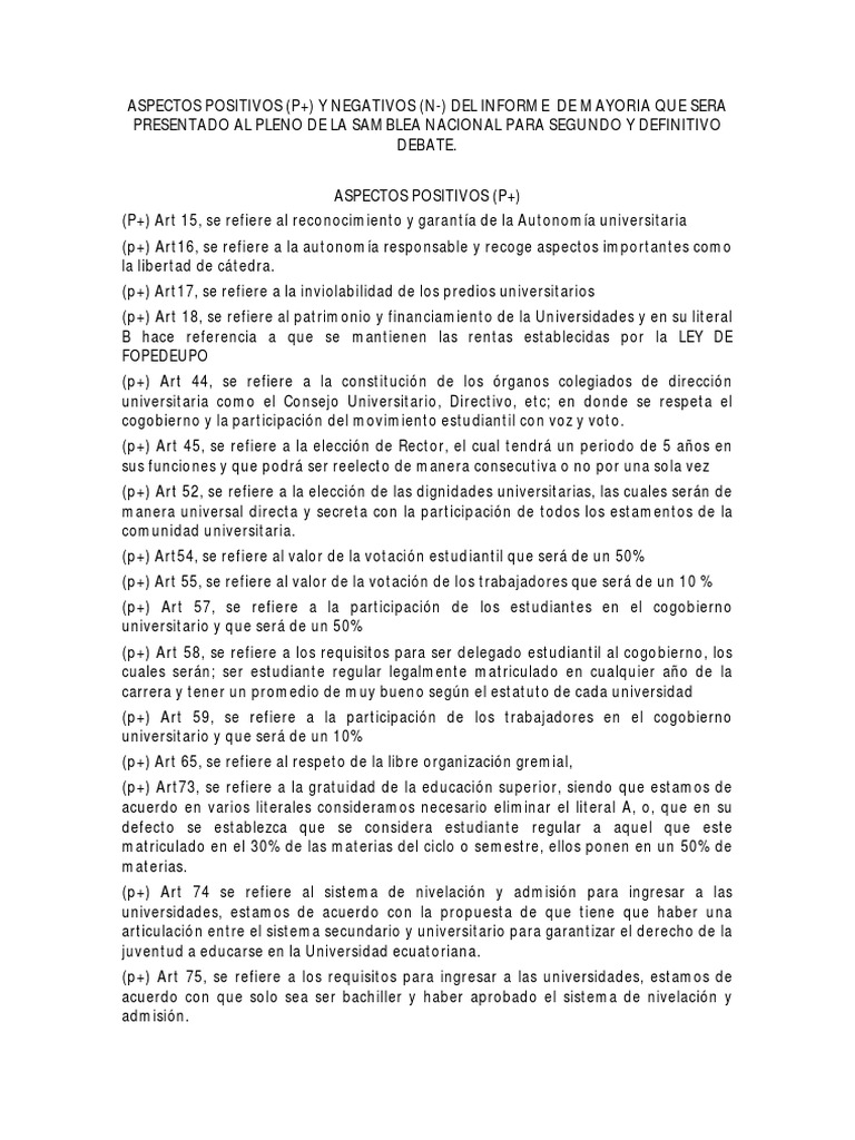 Nueva Ley Universitaria Aspectos Negativos y Positivos PDF PDF Universidad Votación
