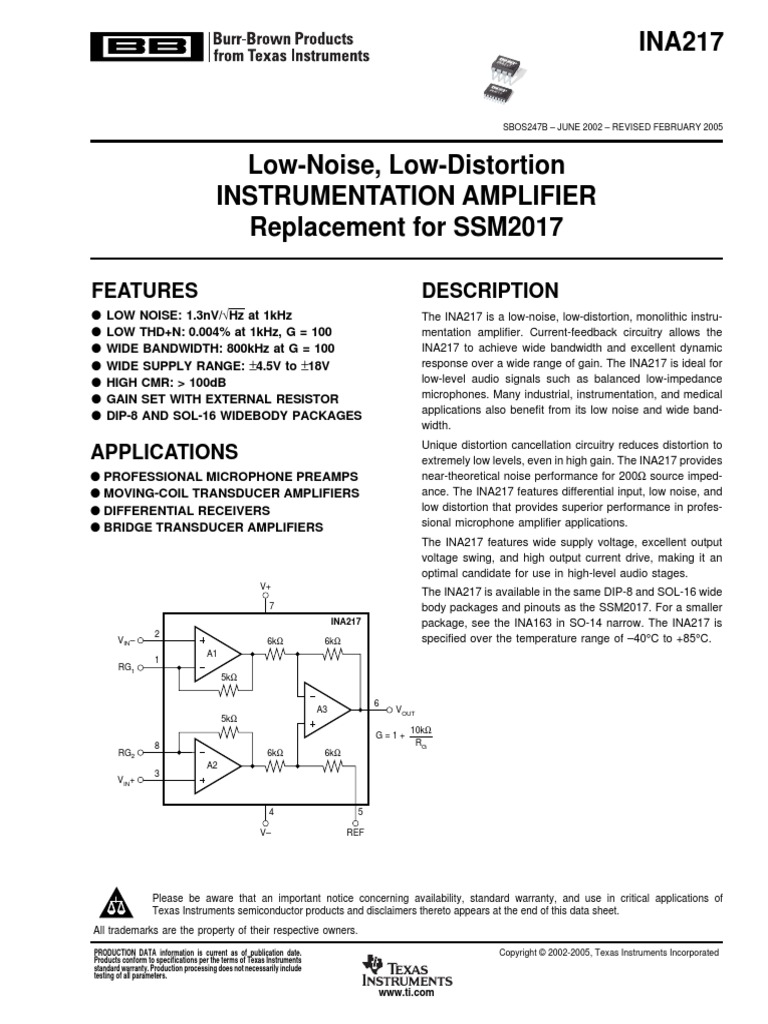 Datasheet Ina217 | PDF | Amplifier | Operational Amplifier