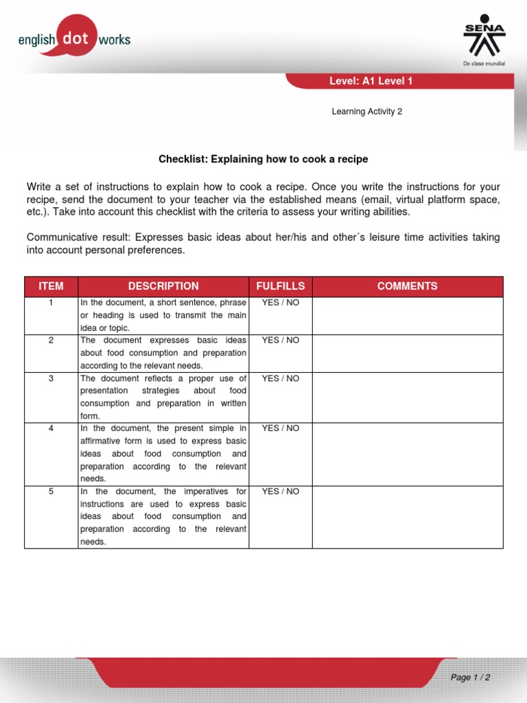 Level: A1 Level 1: Checklist: Explaining How To Cook A Recipe | PDF ...