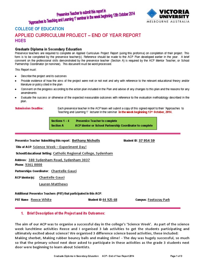 Acp End of Year Report PDF Teachers Curriculum