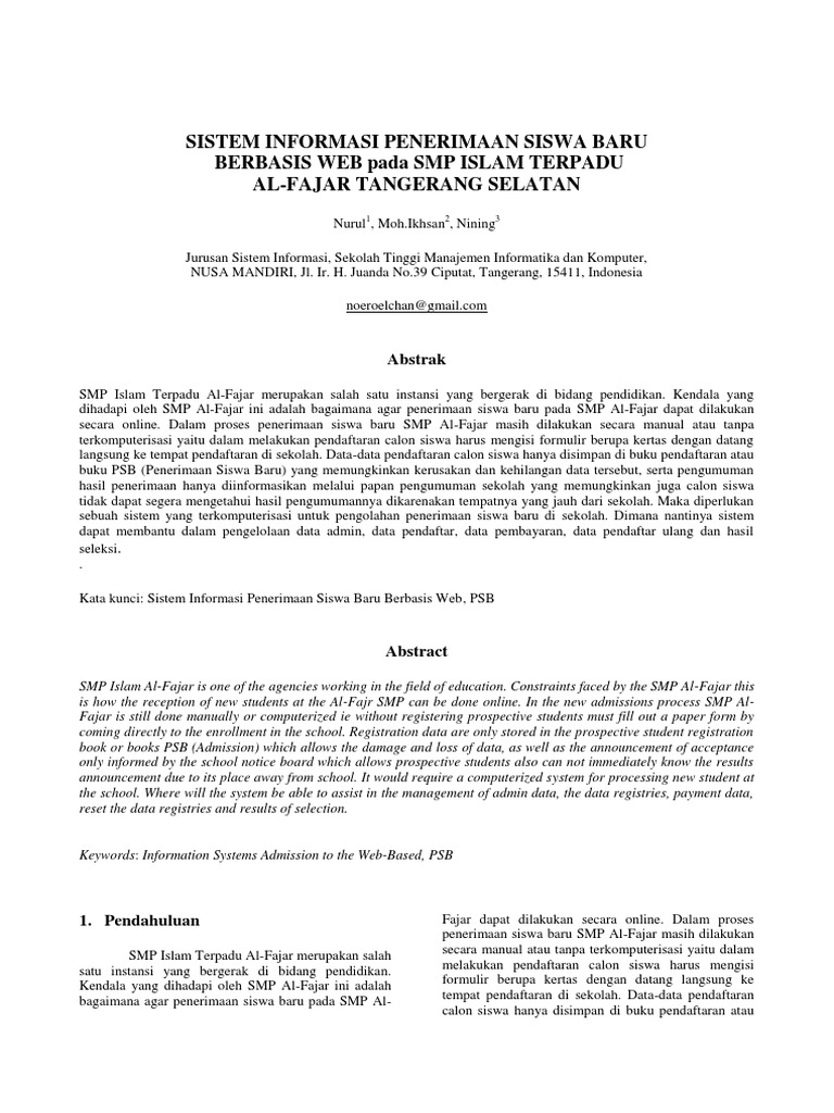 Jurnal Penerimaan Siswa Baru Berbasis Web Nurul Hidayati Jurusan Sistem Informasi Stmik Nusa Mandiri Jakarta Pdf