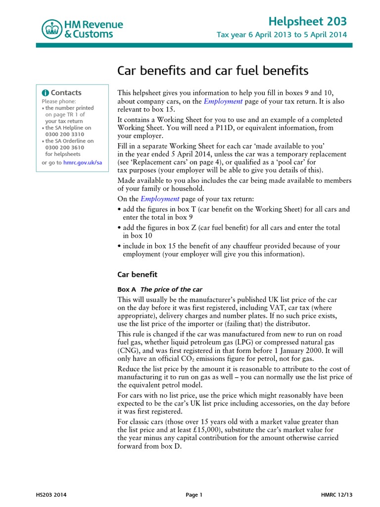 Car Benefits and Car Fuel Benefits Helpsheet 203 PDF Transport Business