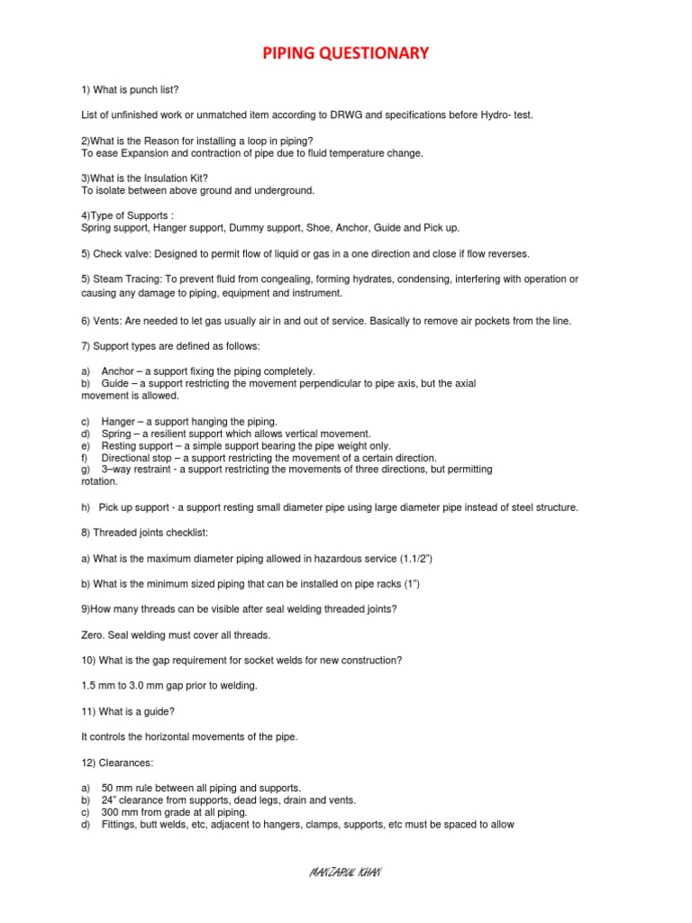 Piping Interview Questions & Answers Guide | PDF | Pipe (Fluid ...
