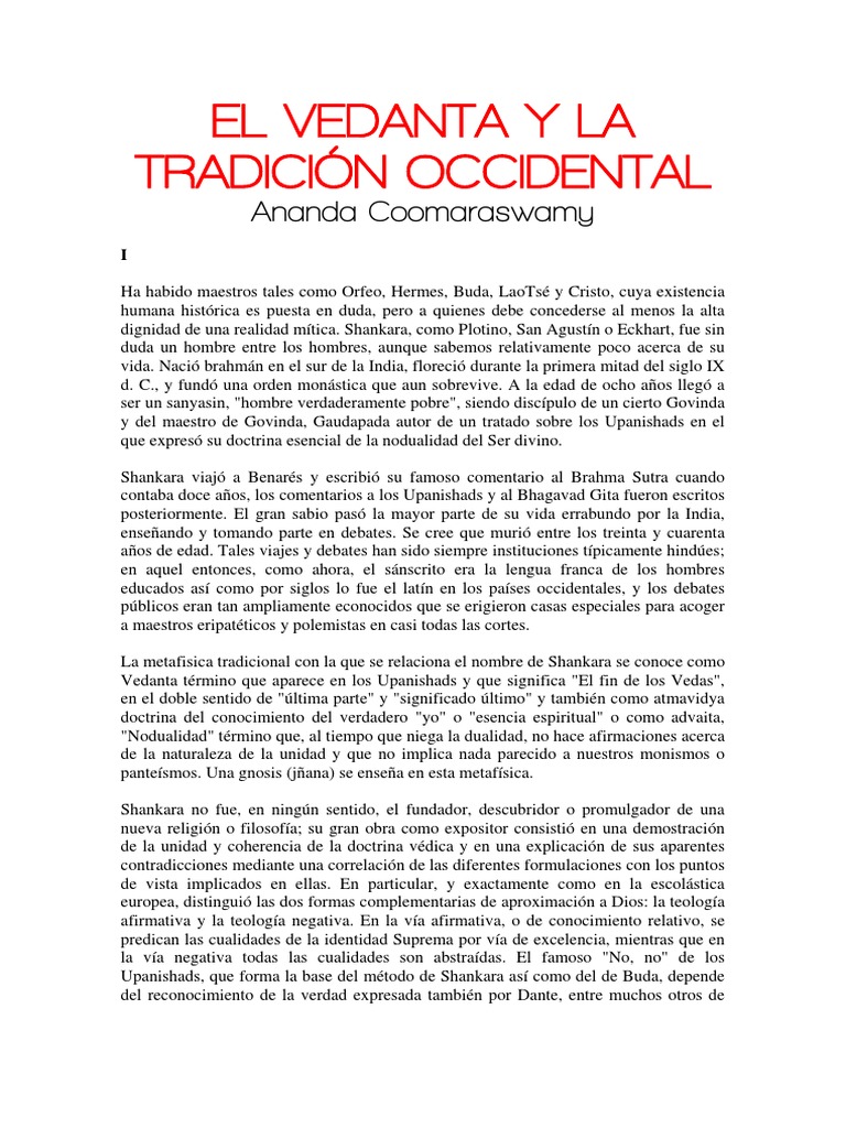 Coomaraswamy A El Vedanta Y La Tradicion Occidental Pdf Pdf Alma