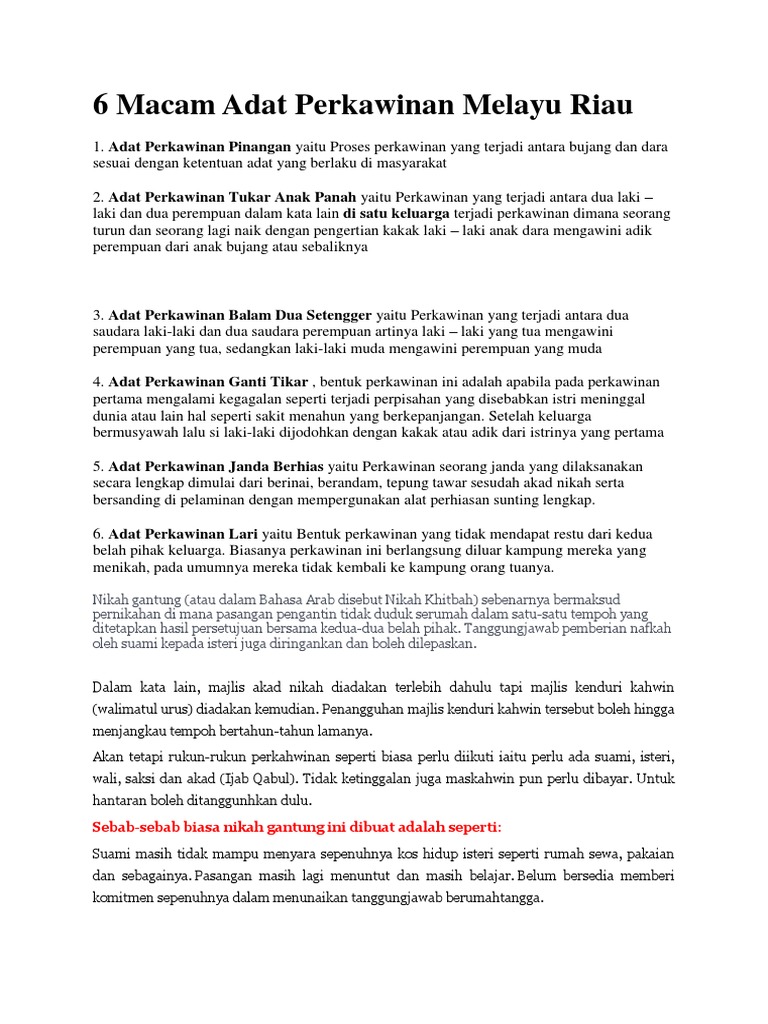 6 Macam Adat Perkawinan Melayu Riau Pdf