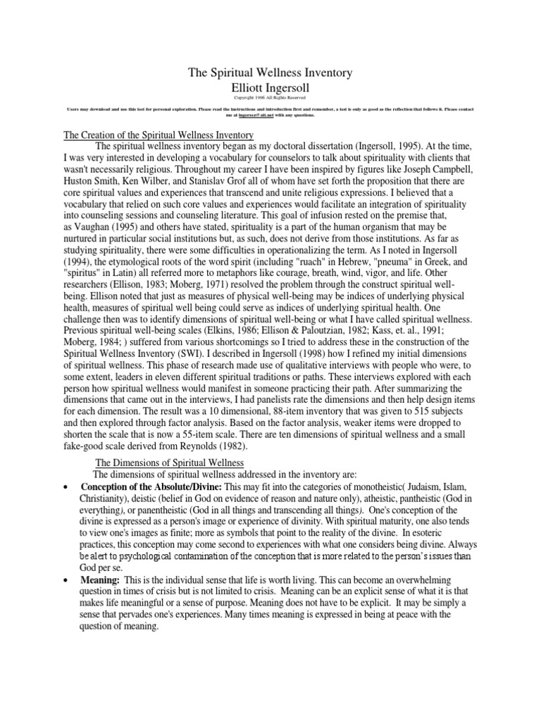 The Spiritual Wellness Inventory | PDF | Spirituality | Forgiveness