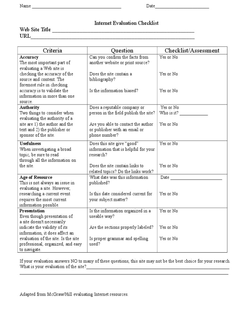 Internet Evaluation Checklist for Students | PDF | Career & Growth