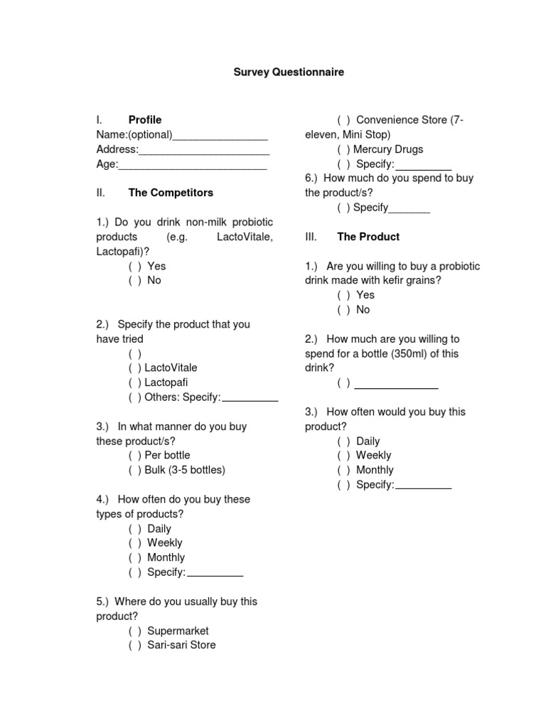 Survey Questionnaire Beverages Business