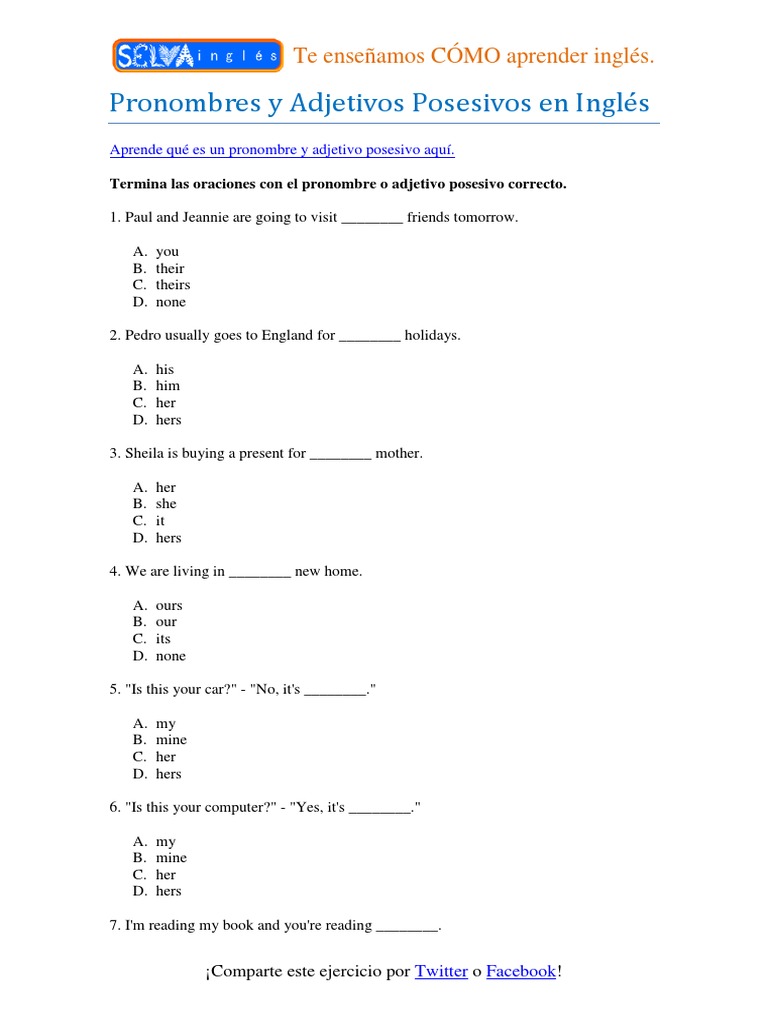 Ejercicio Pronombres Adjetivos Posesivos | Syntax | Linguistic Typology