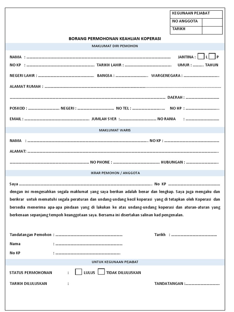 Borang Keahlian Koperasi Pdf