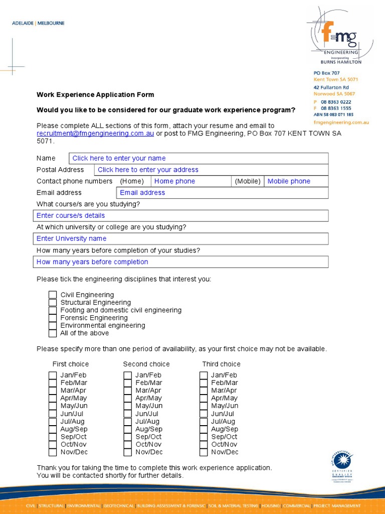 Graduate Work Experience Application Form | PDF