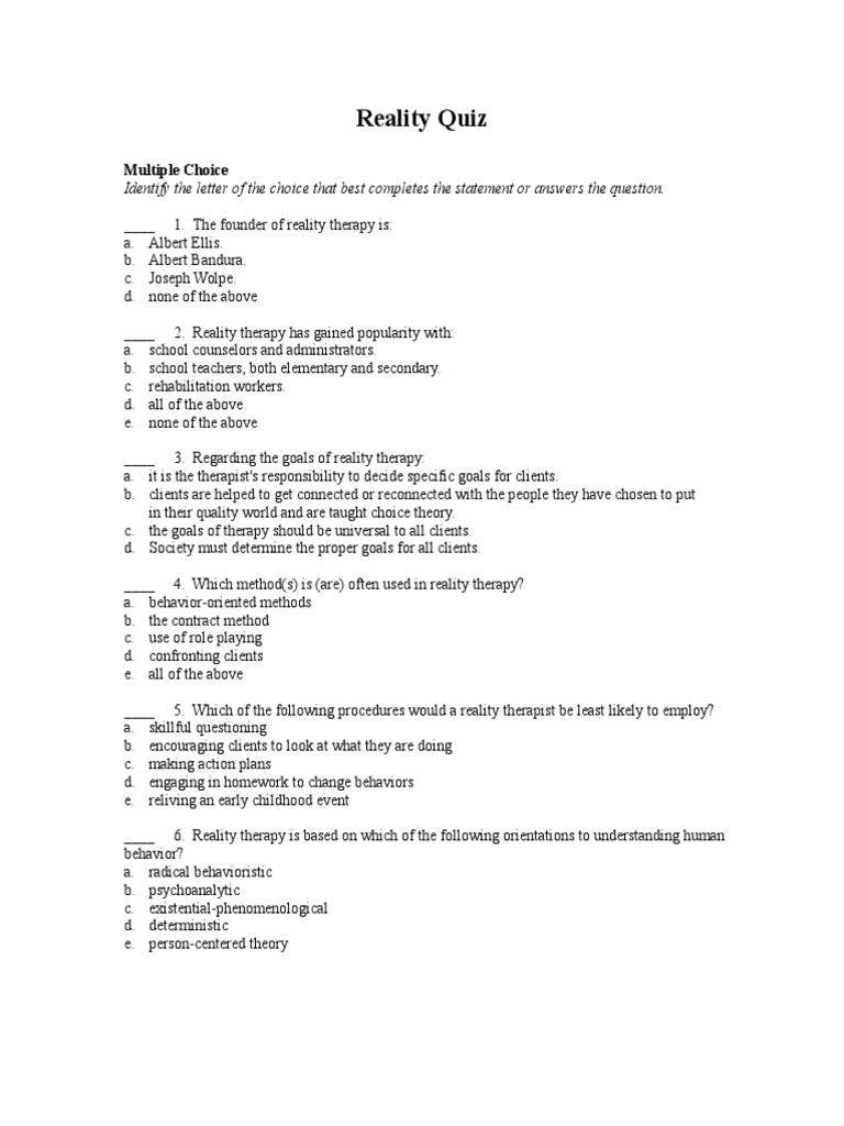 Quiz - Reality Email Version | PDF | Popular Psychology | Psychotherapy