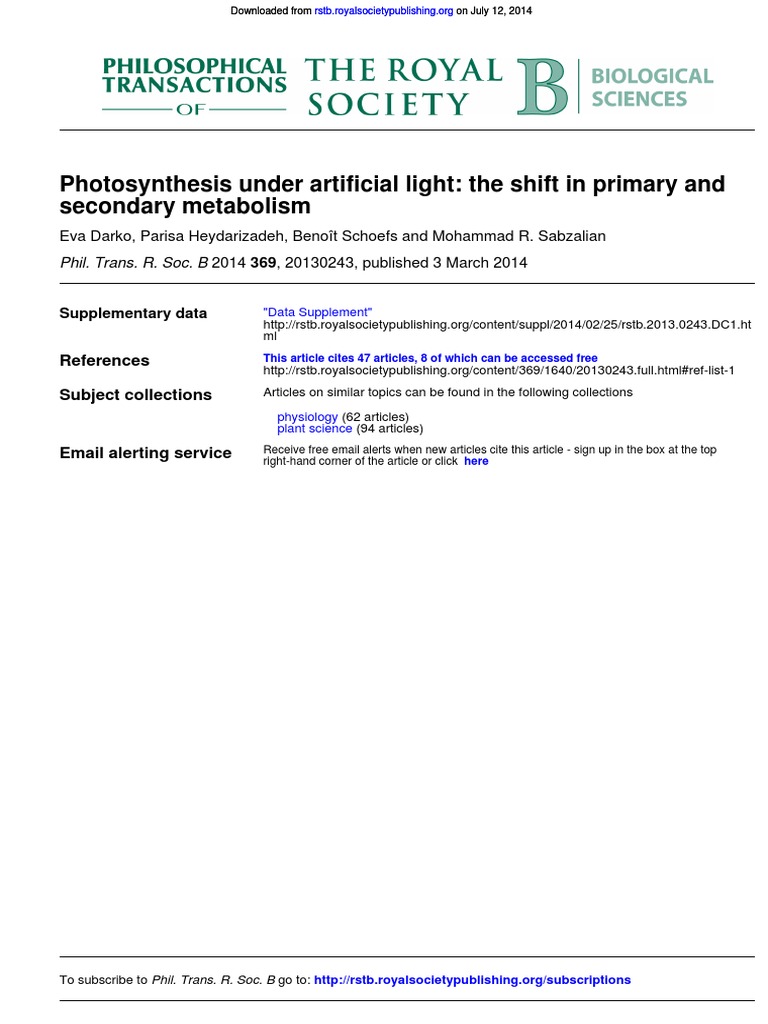 Photosynthesis Under Artificial Light The Shift in Primary and