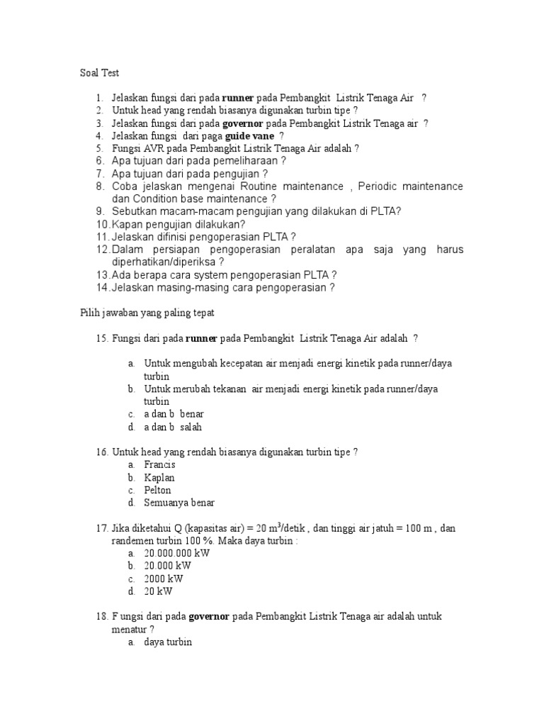 Soal Test Turbin Air