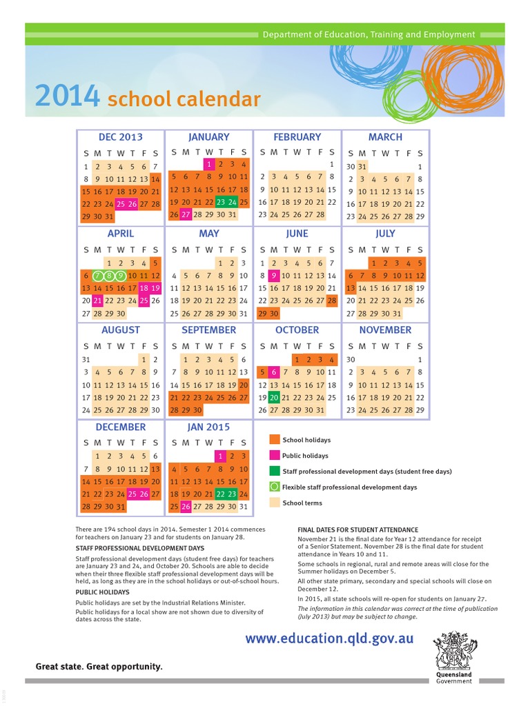 School Calendar Queensland State Schools PDF Professional