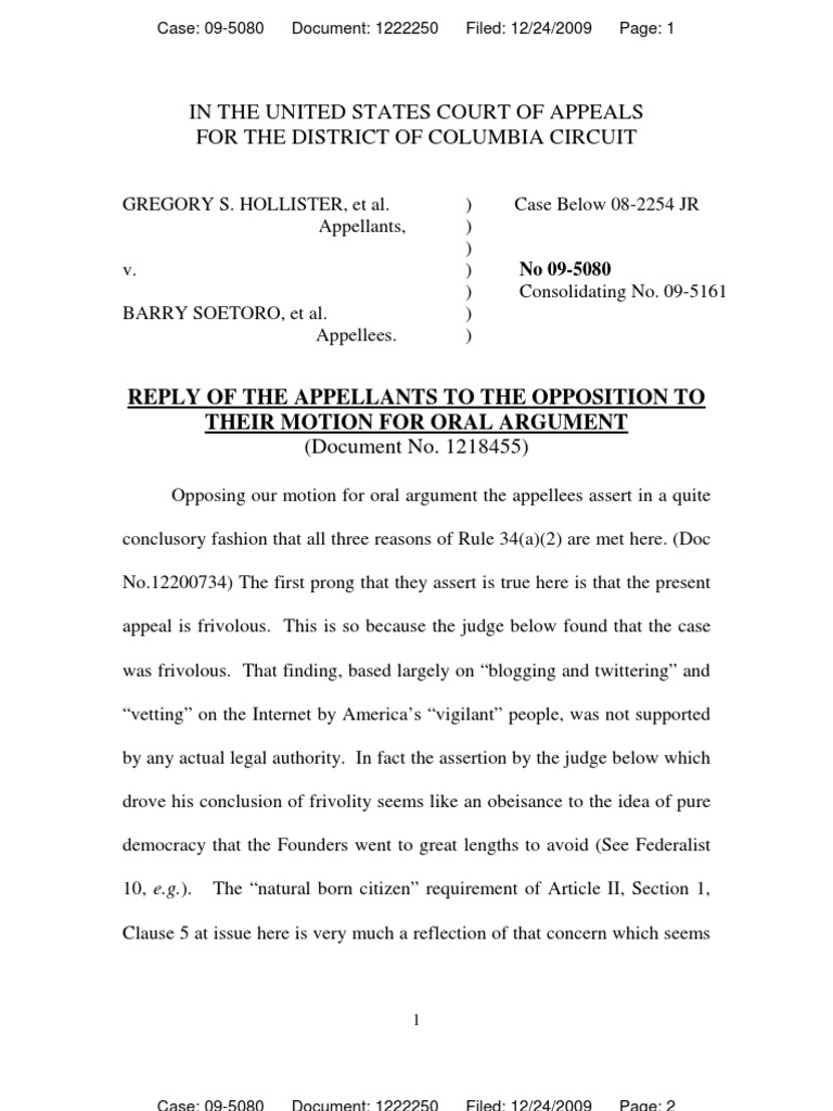 Reply of The Appellants To The Opposition To Their Motion For Oral Argument PDF Federal