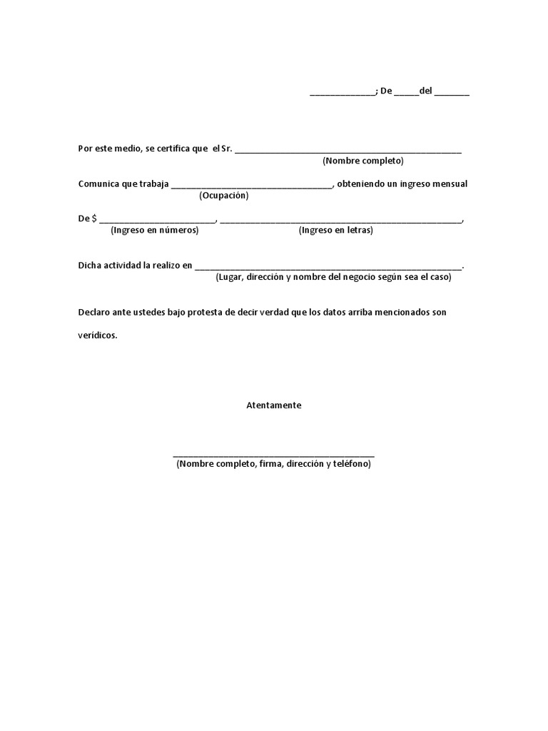 Formato Carta De Ingresos