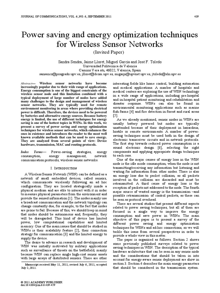 Power Saving and Energy Optimization Techniques For Wireless Sensor Networks PDF Wireless