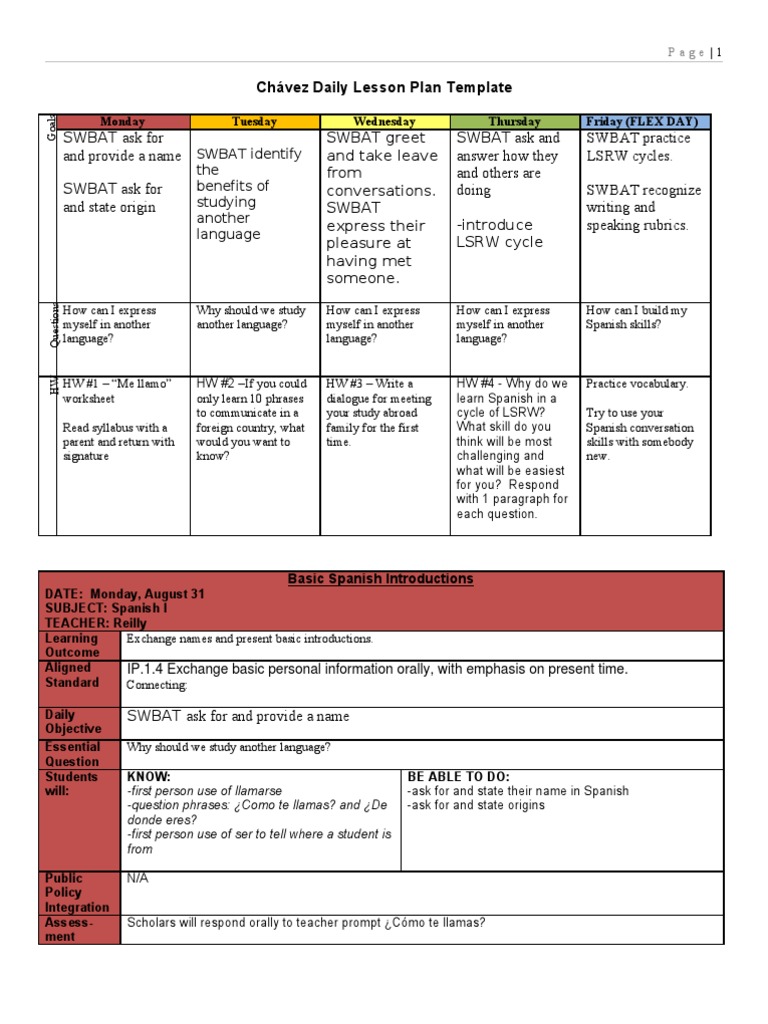 8-31 Daily Lesson Plan Week 1 - 1 | PDF | Reading (Process) | Special ...