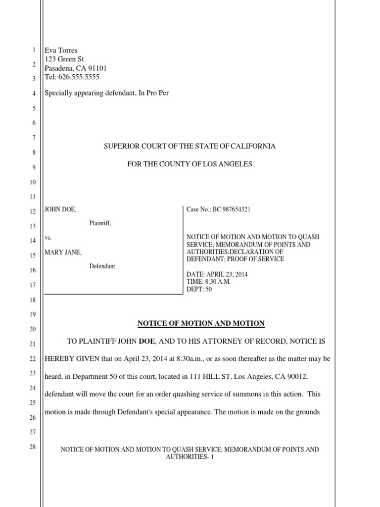 Motion To Quash Summons Complaint