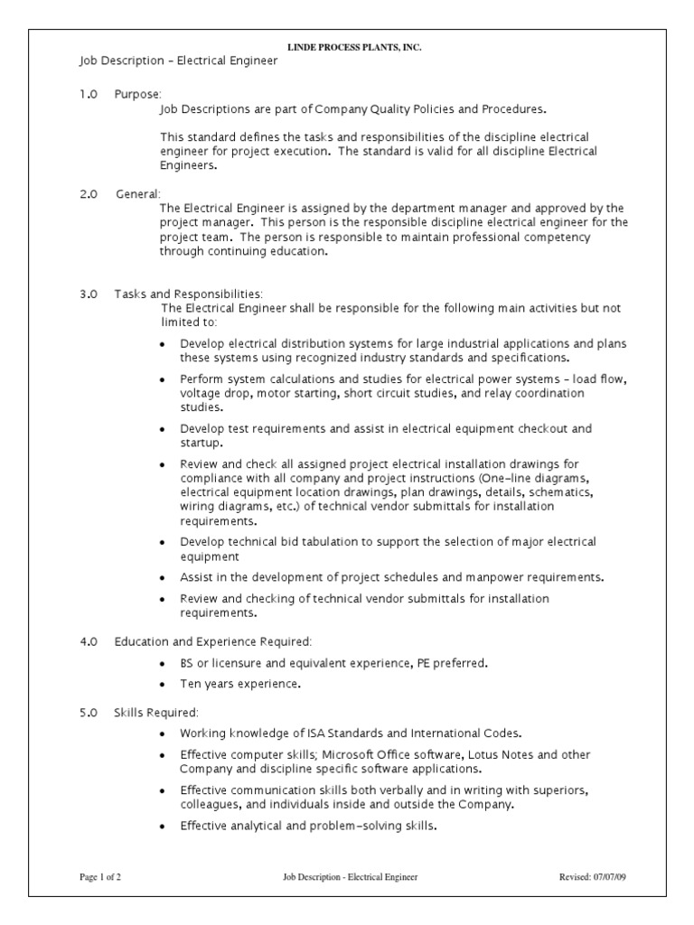 Linde Process Plants, Inc. Page 1 of 2 Job Description Electrical
