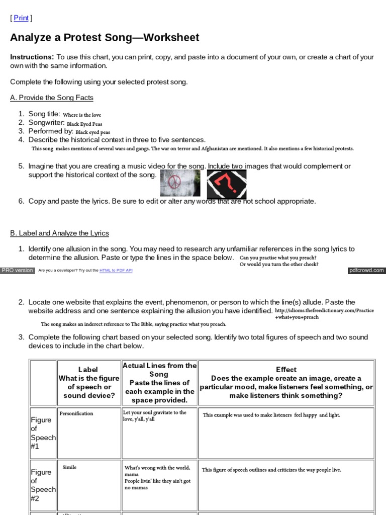 Analyze A Protest Song Worksheet Html Pdf