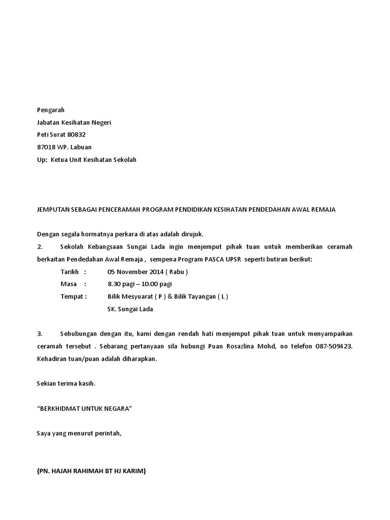 Surat Jemputan Ceramah Kesihatan