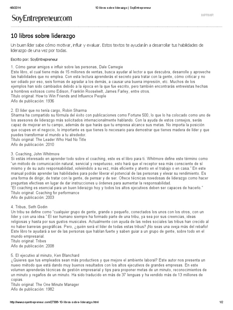 10 Libros Recomendados sobre Liderazgo | PDF