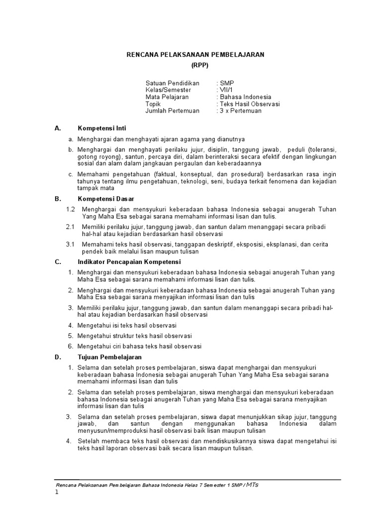 RPP Bahasa Indonesia SMP Kurikulum 2013 Kelas 7. 1.doc