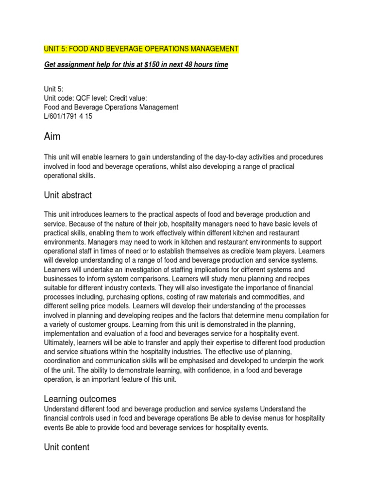 UNIT 5 Food and Beverage Operations Management | PDF | Menu | Foodservice