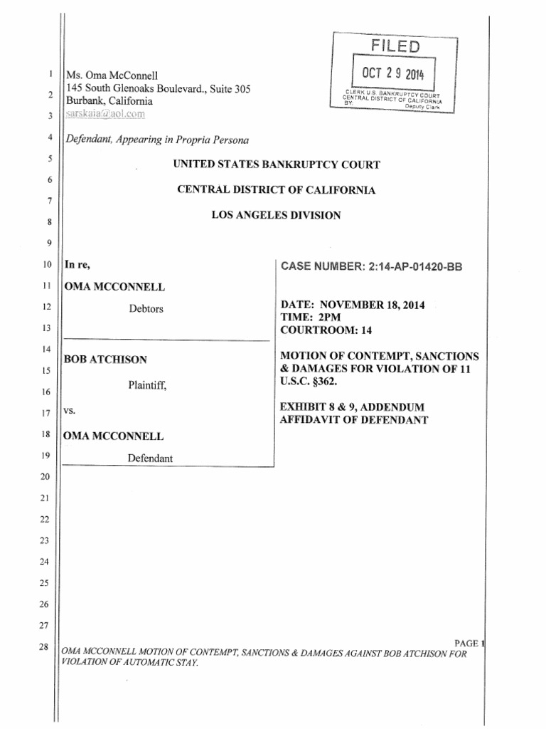 Addendum to Oma McConnell's Affidavit Motion of Contempt, Sanction