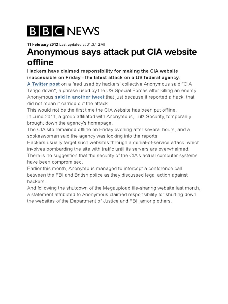 Anonymous Says Attack Put CIA Website Offline: Us & Canada | PDF | Travel
