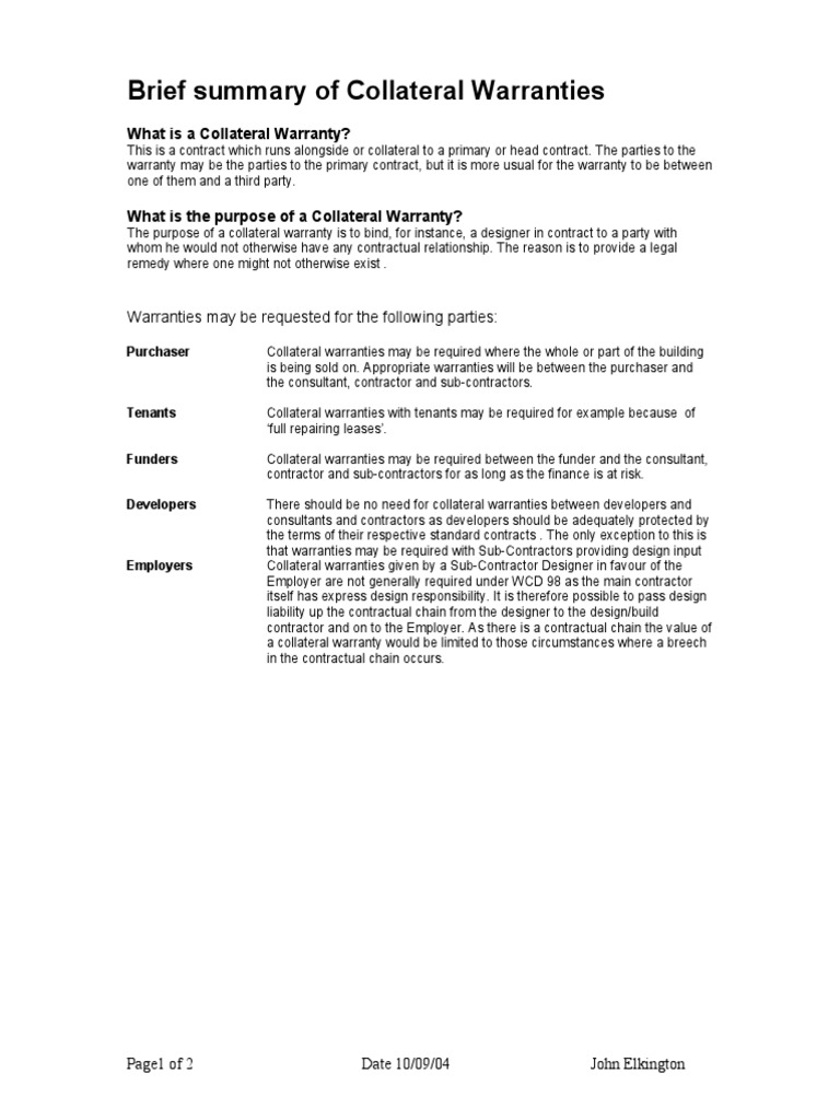 Brief Summary Of Collateral Warranties Derecho Privado - 