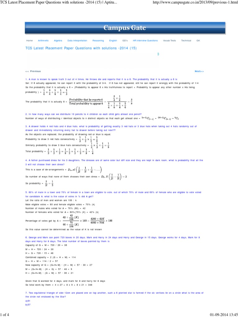 TCS Placement Aptitude Questions 2014 | PDF | Triangle | Elementary ...