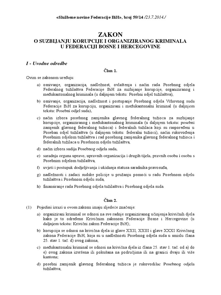 ZAKON o Suzbijanju Korupcije I Organiziranog