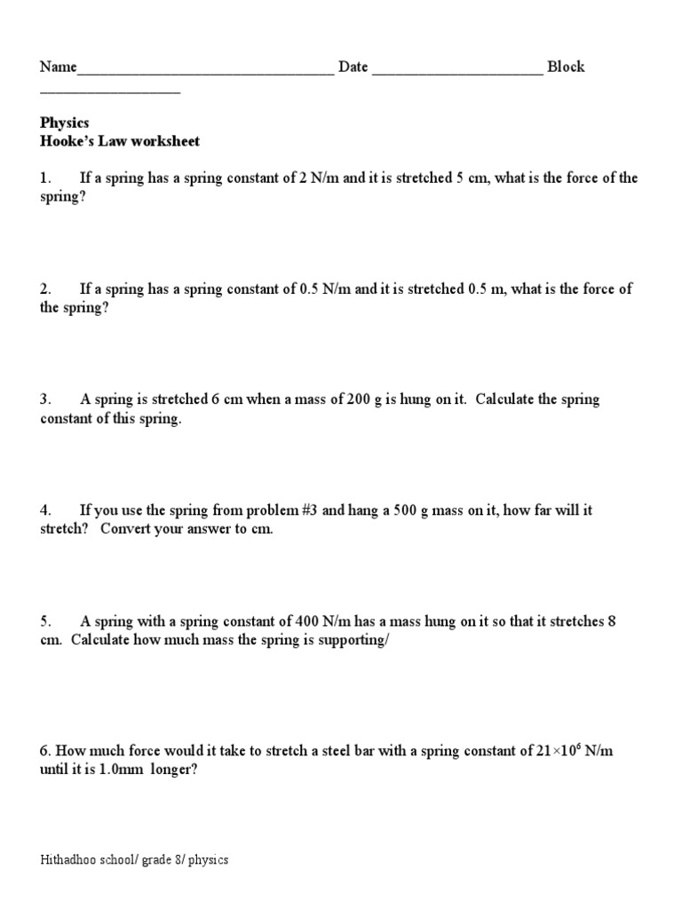 Hooke's Law Worksheet for Grade 8 | PDF | Mass | Building Engineering