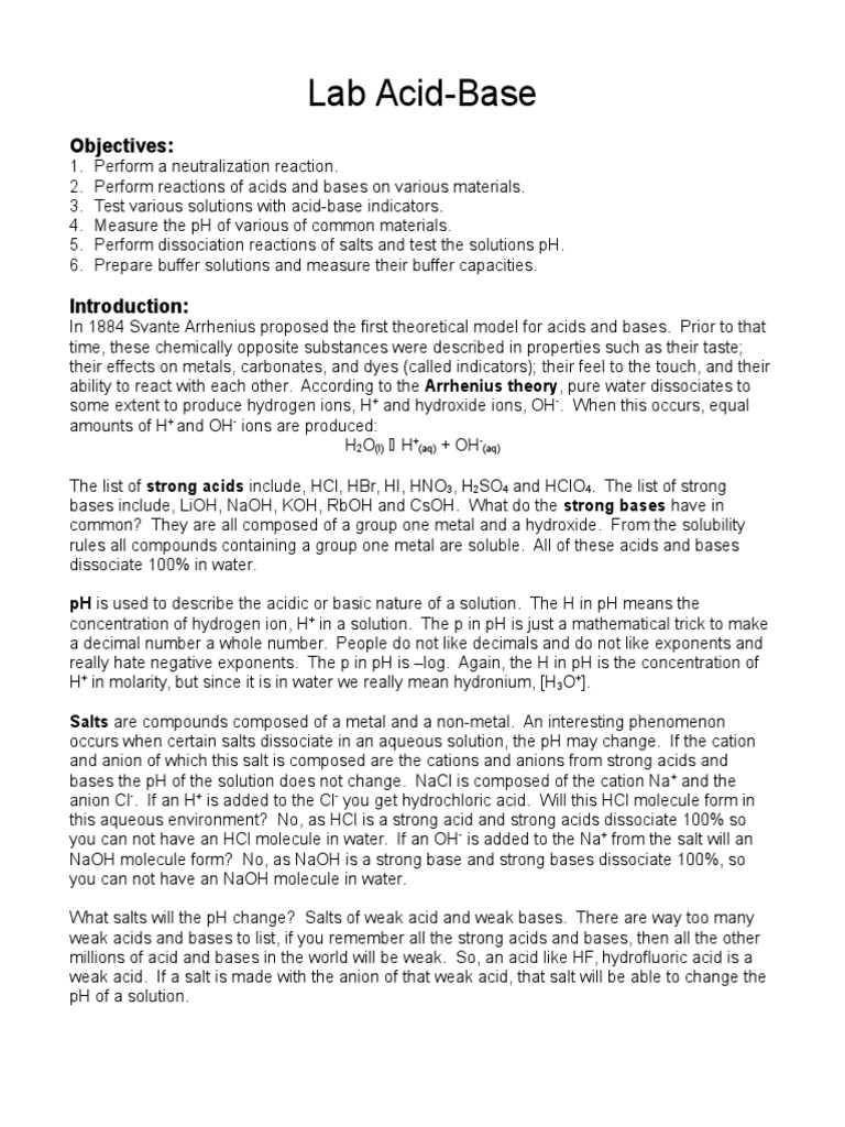 Lab AcidBase Objectives PDF Acid Dissociation (Chemistry)