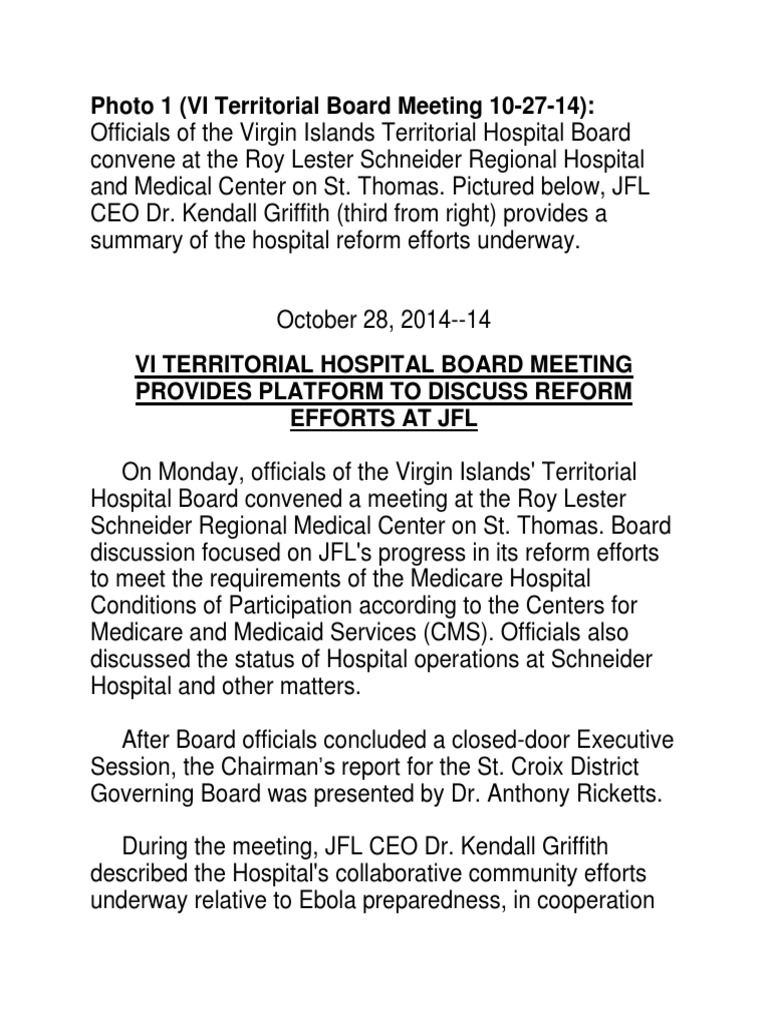 Jfl Press Release October 28 14 14 United States Virgin Islands Hospital