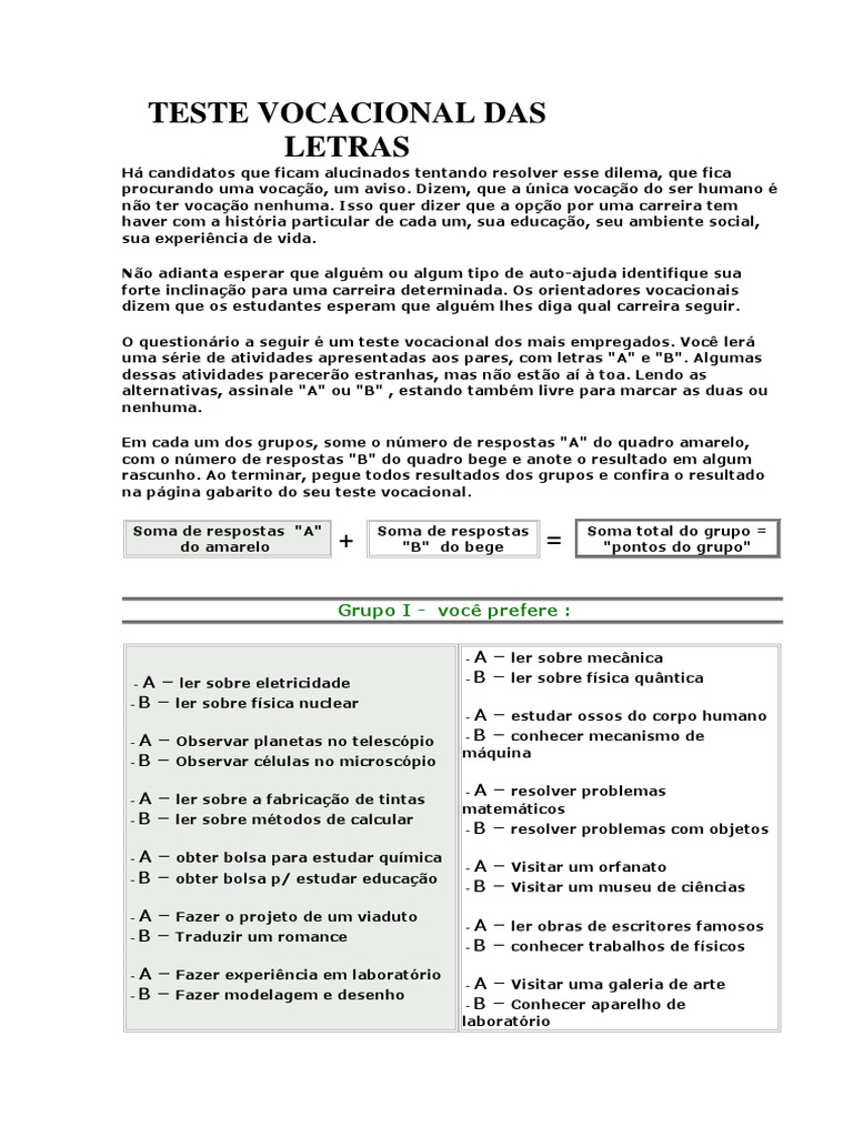 Teste Vocacional para Letras | PDF | Física | Biologia