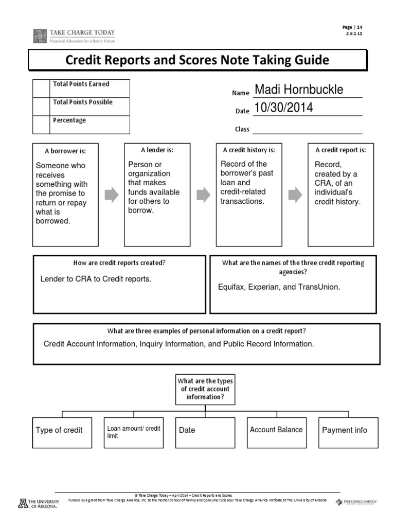 Credit Reports And Scores Note Taking Guide 2 6 1 L1 Credit History