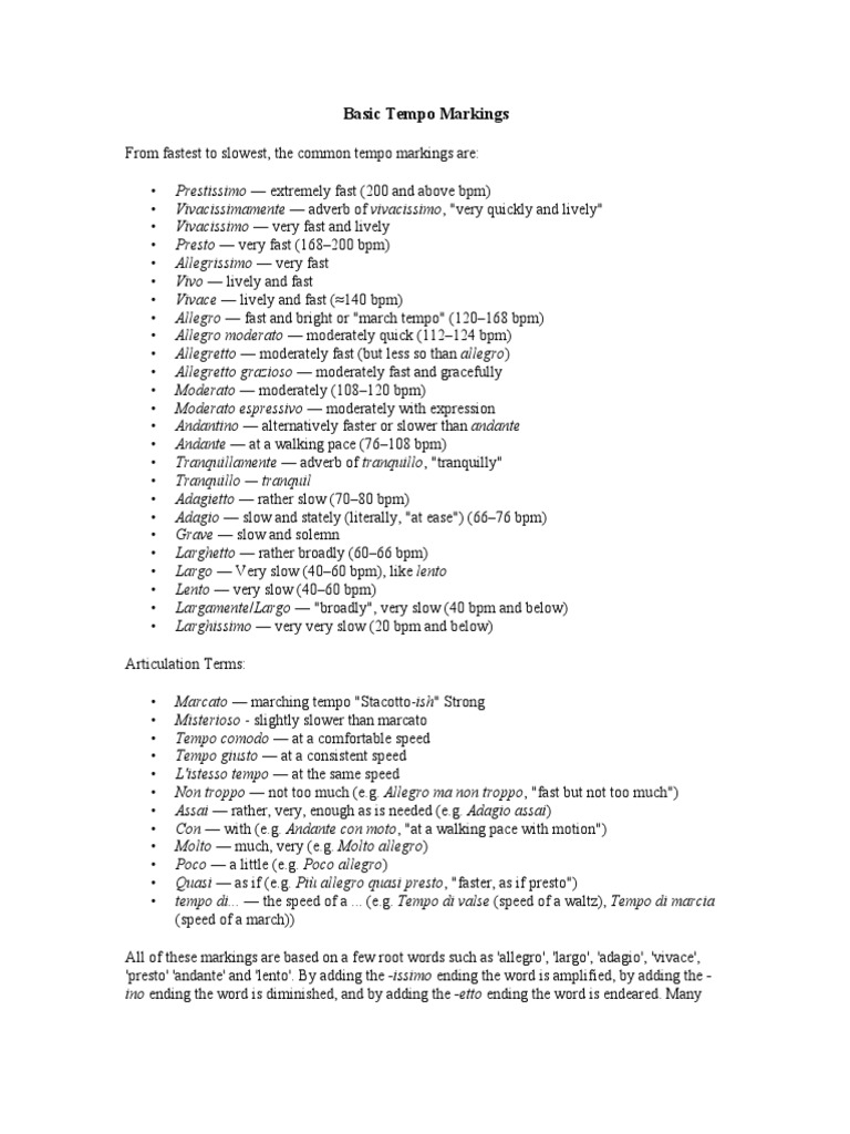 Basic Tempo Markings Pdf Tempo Musical Compositions