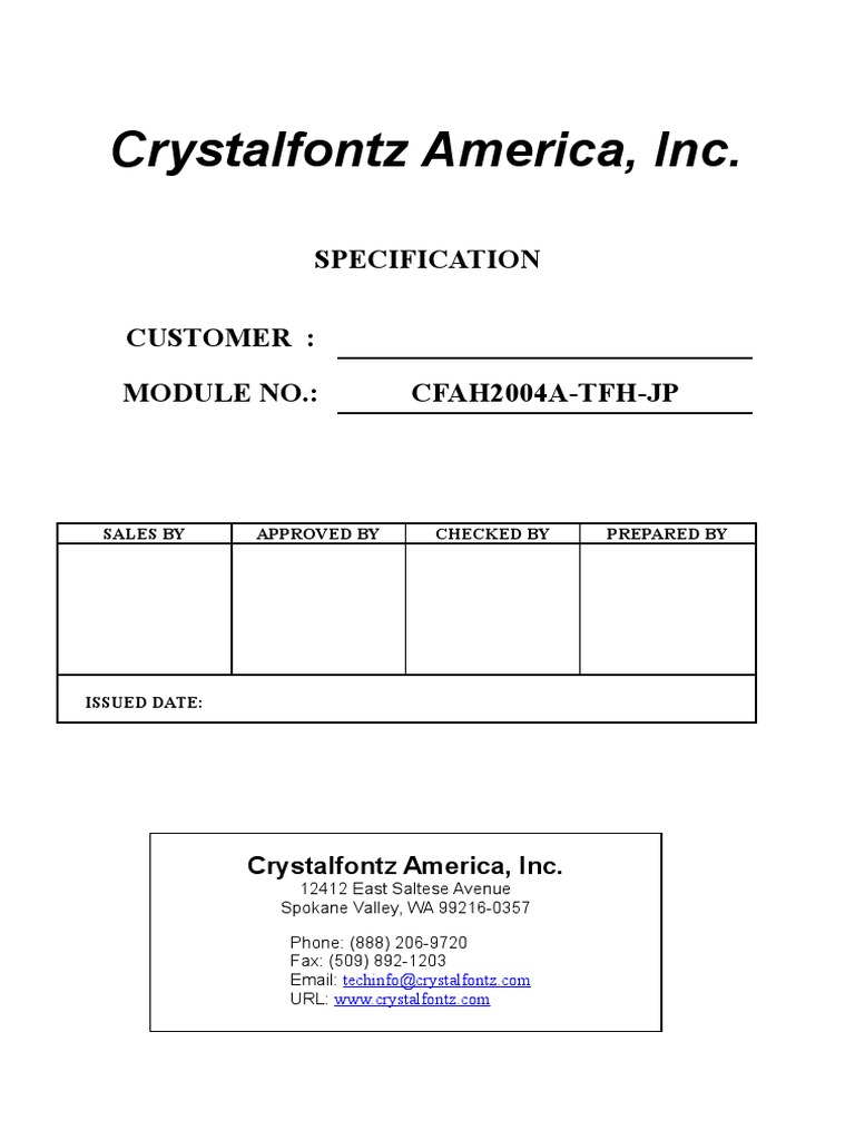 Crystalfontz America, Inc. Specification Customer Module No