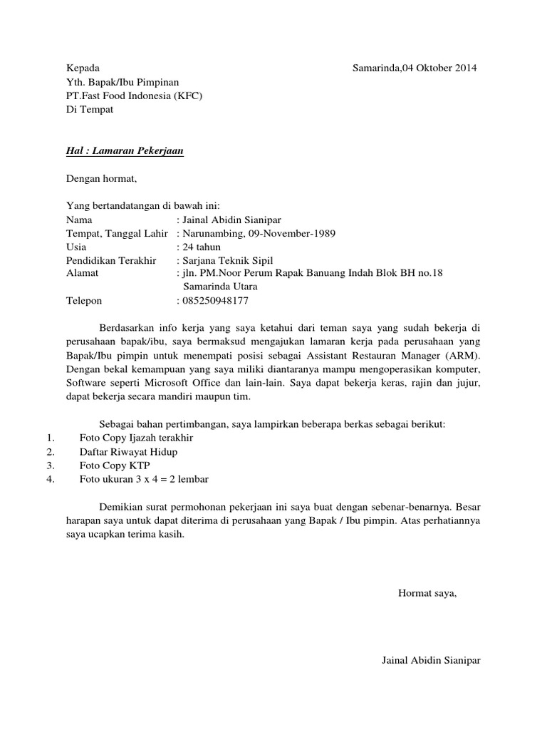 Contoh Surat Lamaran Kerja