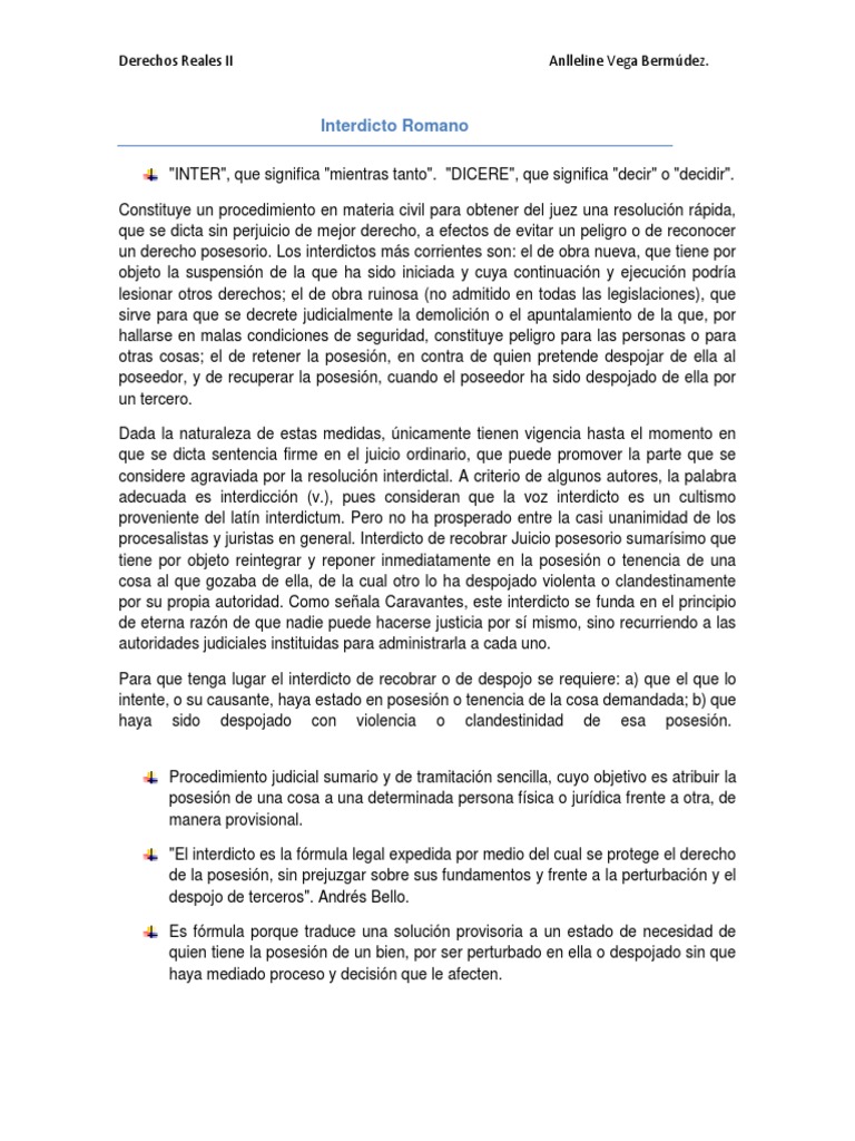 Interdictos en Derecho Romano | PDF | Posesión (Ley) | Información del ...
