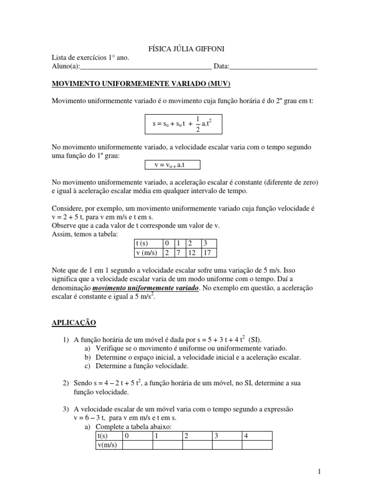 Lista de Física Mecânica: Movimento - Uniformemente - Variado PDF | PDF